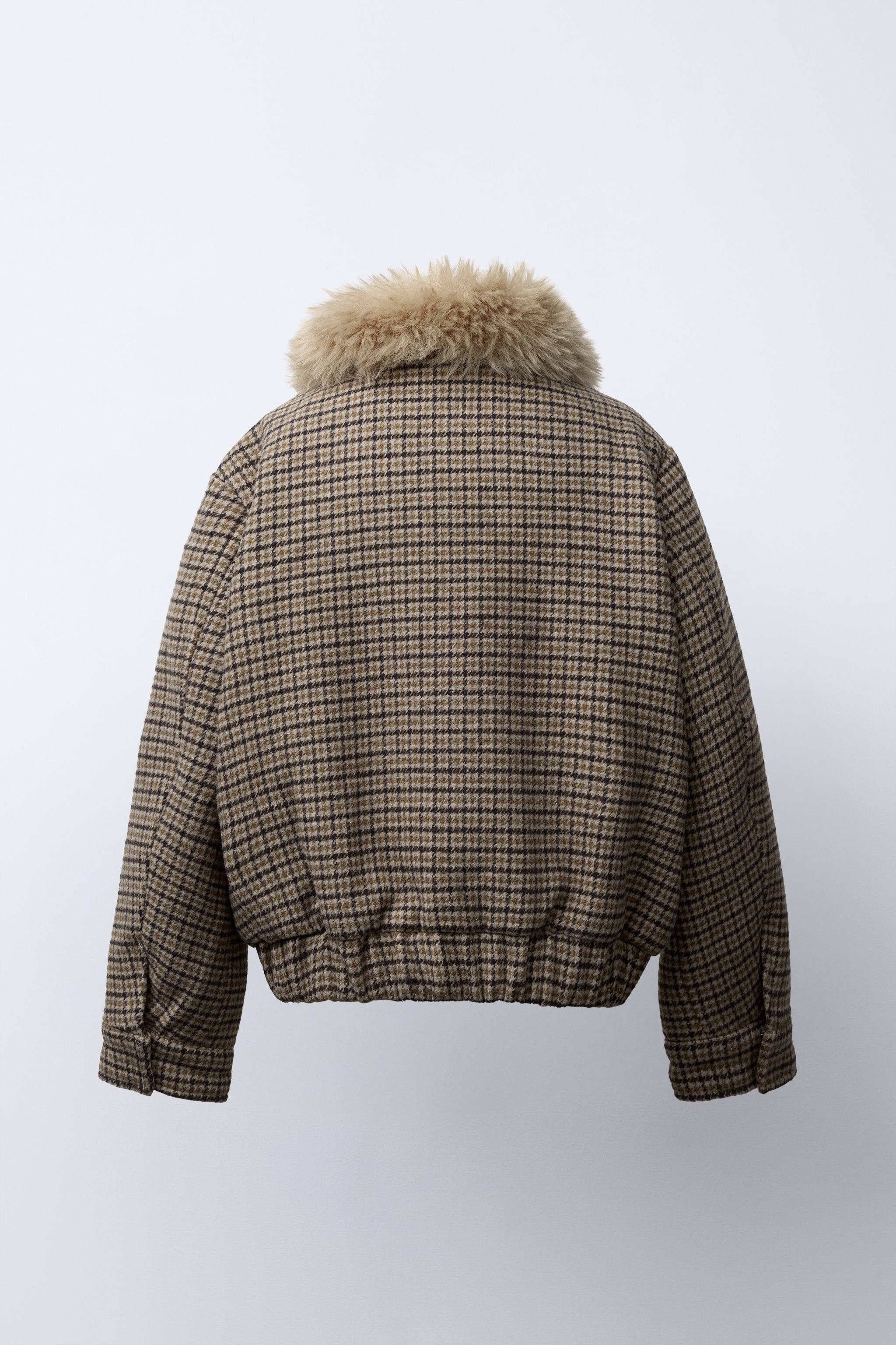 PLAID FAUX FUR COLLAR BOMBER JACKET
